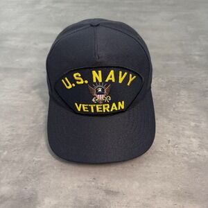 Vintage US Navy Military Veteran Snapback Hat Blue Gold Trucker USA Made 80s 70s